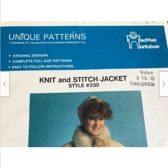 MacPhee Sewing Pattern #230 Knit & Stitch Children's Jacket w/Hand Knit Sleeves - Picture 5 of 6